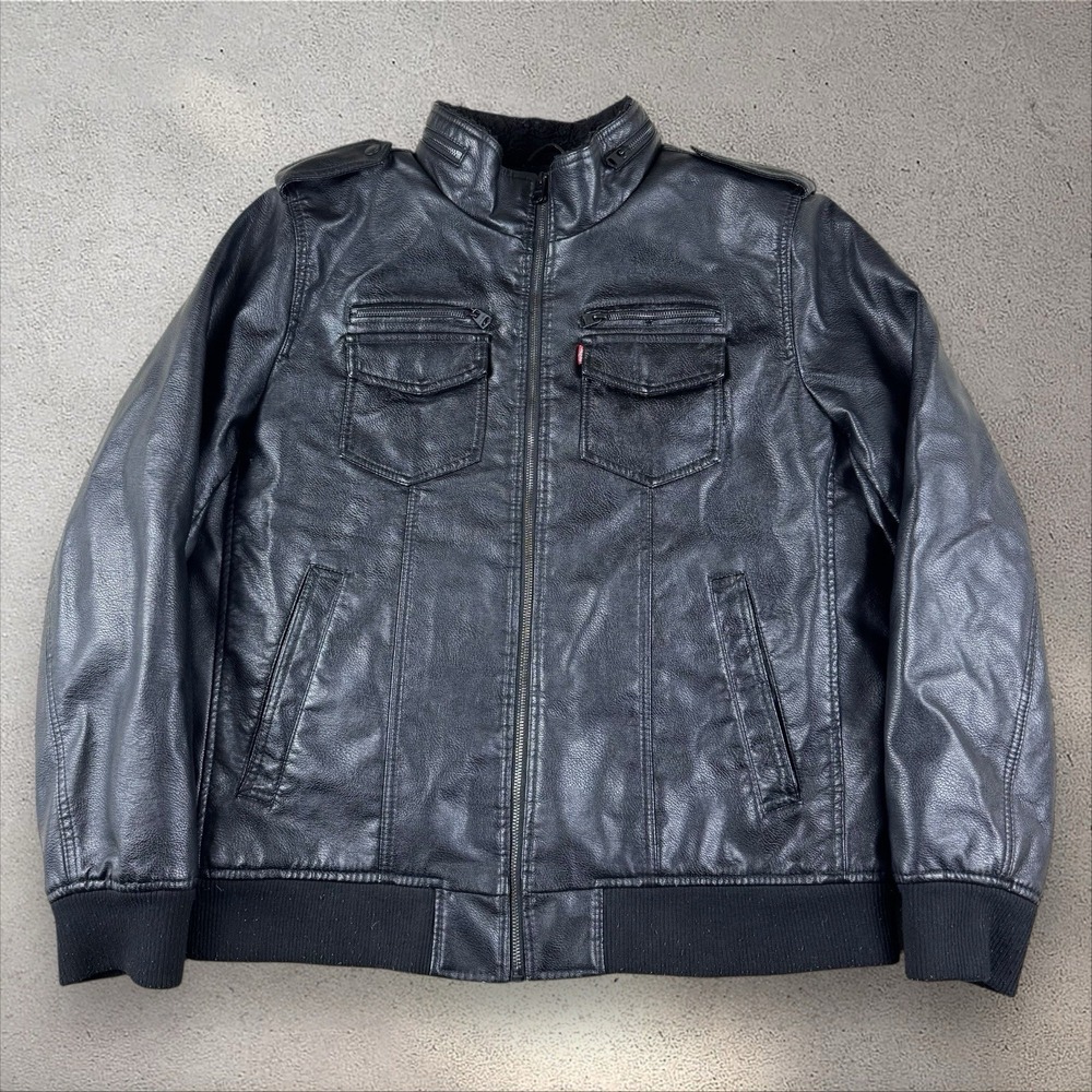 Levis Men's XL‎ Black Faux Leather Sherpa lined Aviator Bomber Jacket
